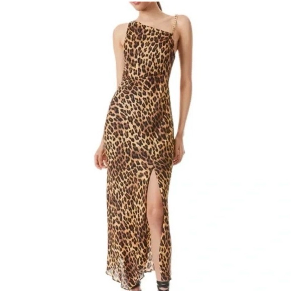 Nwt Alice + Olivia Leopard Animal Print Gold Chain One Shoulder Harmony Dress